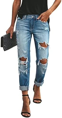 kunmi womens ripped mid waisted boyfriend jeans loose fit distressed stretchy denim pants 1010 blue large